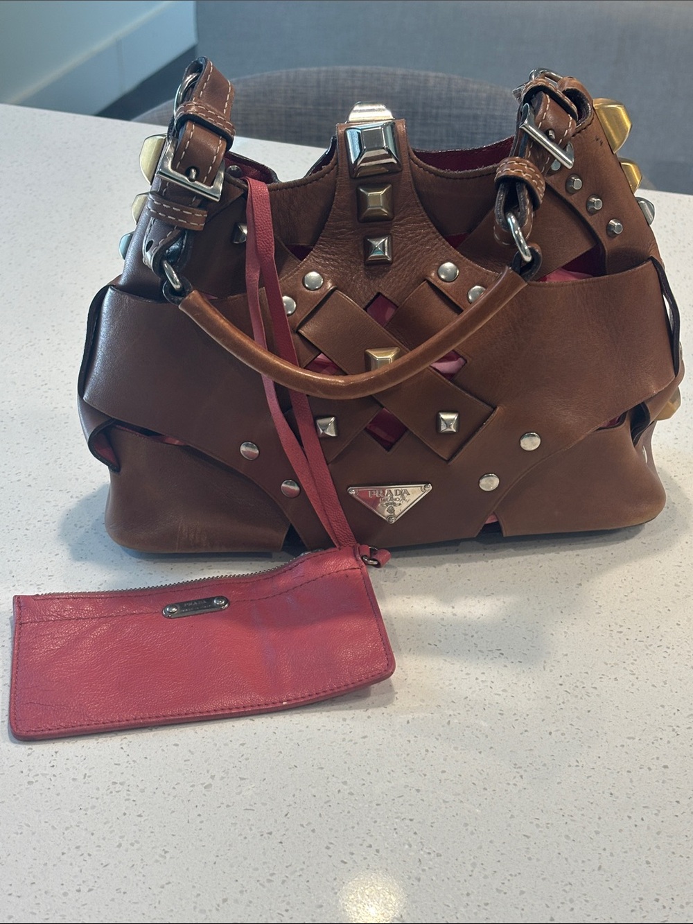 Vintage Prada Brown Nocciolo Vitello Leather Woven Studded Lattice Hobo Bag